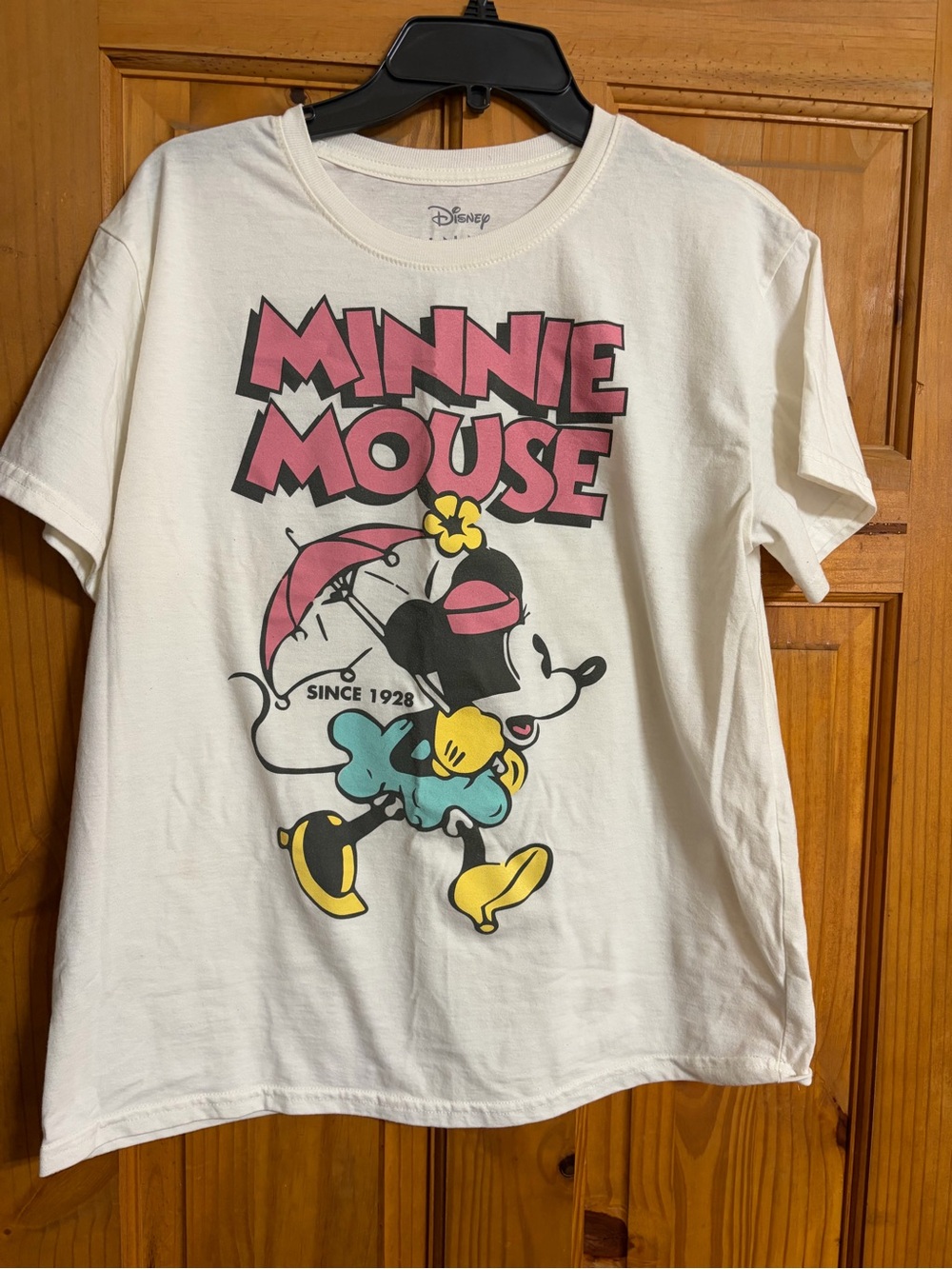 Disney White Minnie Mouse Graphic Tee with Pink Lettering